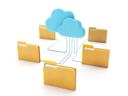 Cloud technologies. Group of computer folders connected to the c